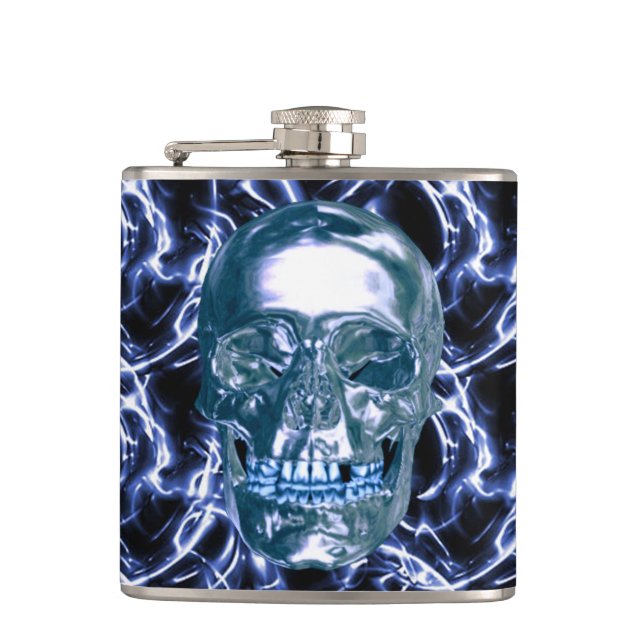 Electric Blue Chrome Skull Flask (Front)