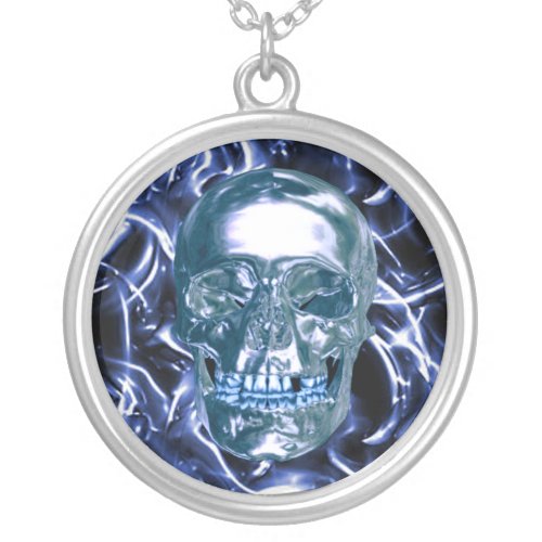 Electric Blue Chrome Skull Necklace