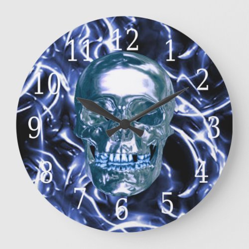 Electric Blue Chrome Skull Round Clock