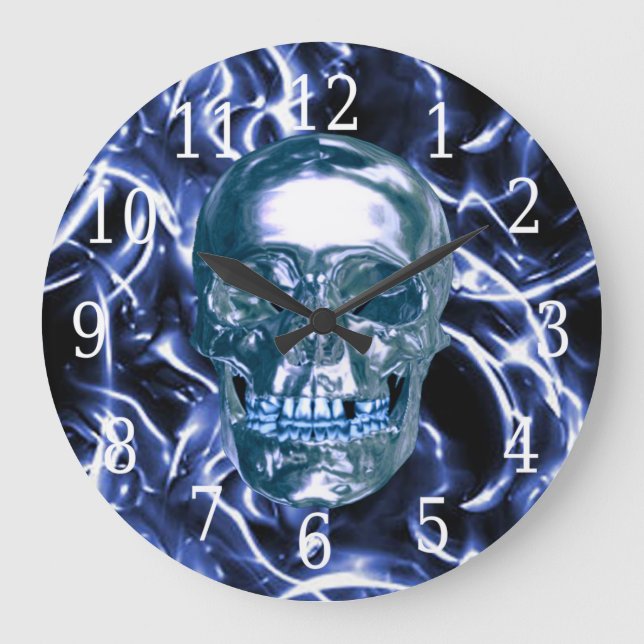 Electric Blue Chrome Skull Round Clock (Front)
