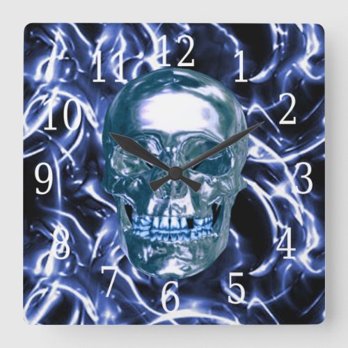 Electric Blue Chrome Skull Square Clock