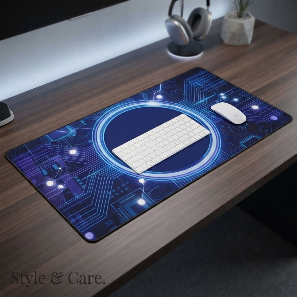 Electric blue circuit board desk mat for tech fans