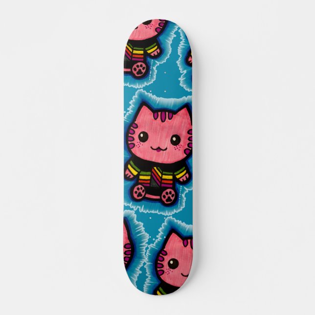 Electric Blue Cute Pink Kitty Cat Optical Illusion Skateboard (Front)