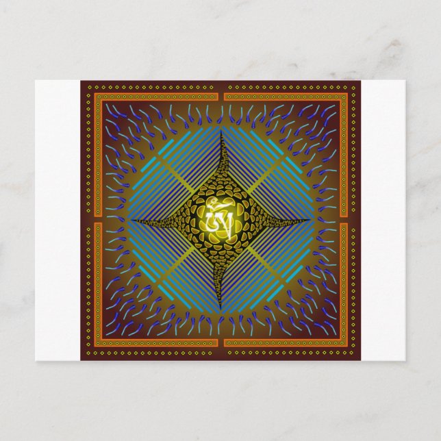 Electric Blue Energy Bursts Mandala Design Gold Sq Postcard (Front)