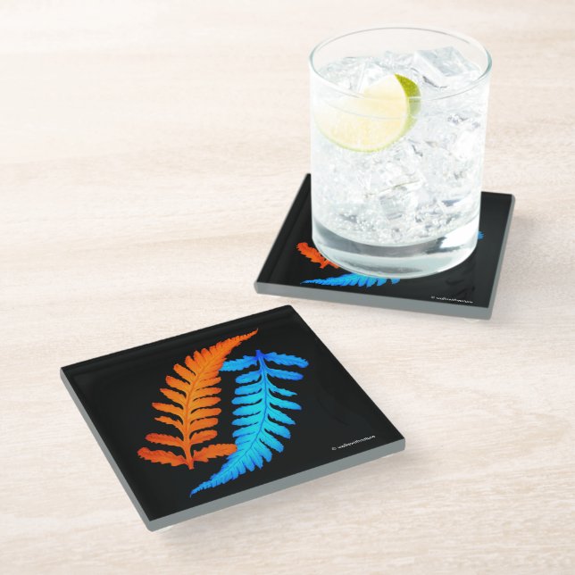 Electric Blue Fiery Orange Japanese Painted Ferns Glass Coaster (Angled)
