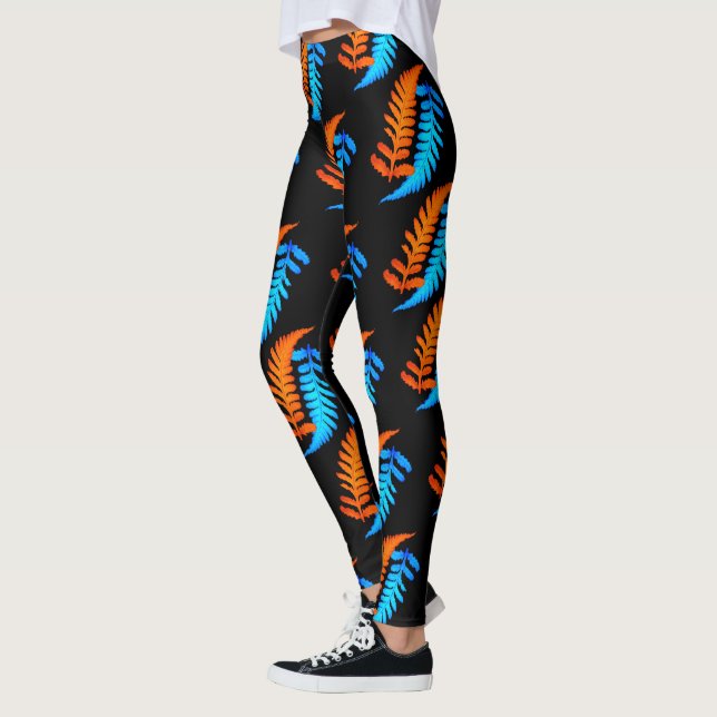 Electric Blue Fiery Orange Japanese Painted Ferns Leggings (Left)
