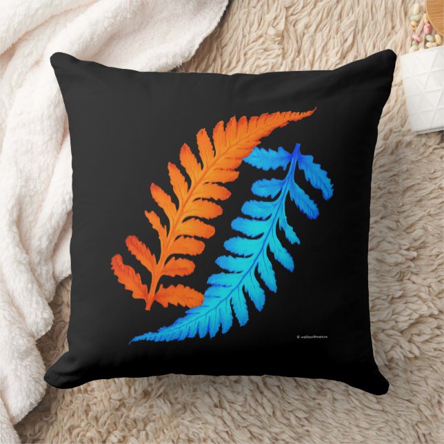 Electric Blue Fiery Orange Japanese Painted Ferns Throw Pillow (Blanket)