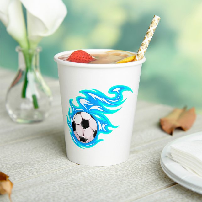 Electric Blue Flaming Soccer Ball Sports Paper Cups (Creator Uploaded)