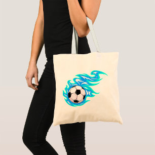 Electric Blue Flaming Soccer Ball Sports Tote Bag