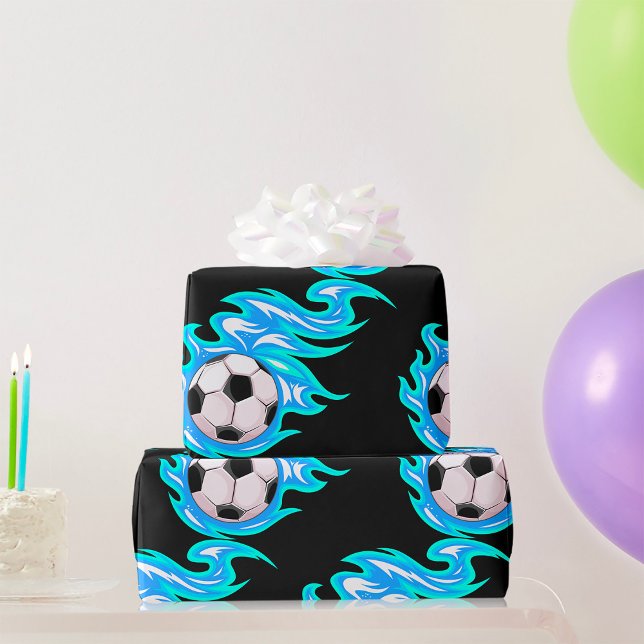 Electric Blue Flaming Soccer Ball Sports Wrapping Paper (Creator Uploaded)