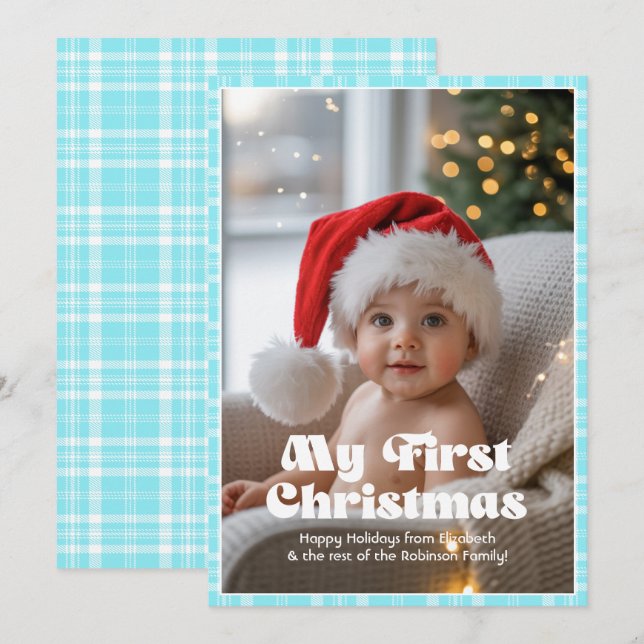 Electric Blue Gingham My First Christmas Baby Holiday Card (Front/Back)