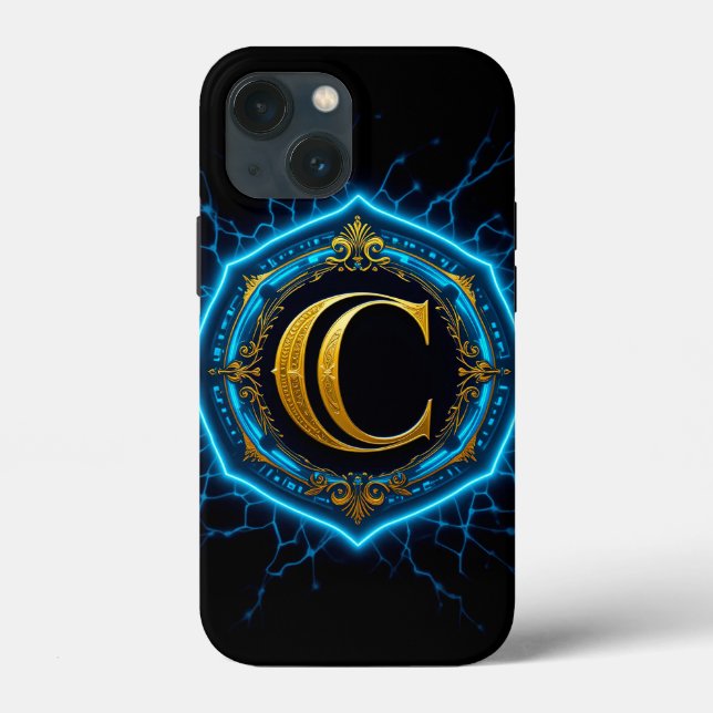 ⚡ Electric Blue Glow Gold C Monogram Luxury Neon Case-Mate iPhone Case (Back)