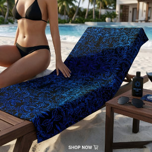 Electric Blue Gothic Floral Botanical Line Art Beach Towel