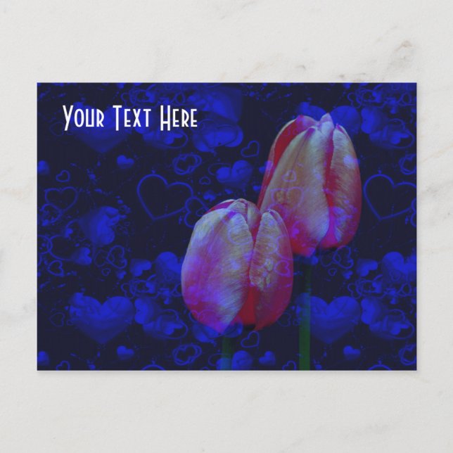 Electric Blue Hearts Pink Tulips Customizable Post Postcard (Front)