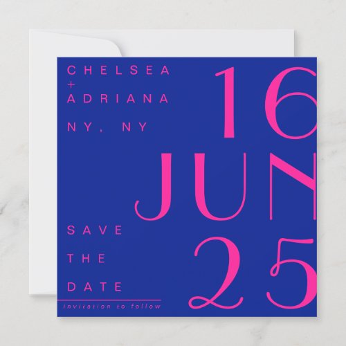 Electric Blue Hot Pink Trendy Modern Save the Date Invitation