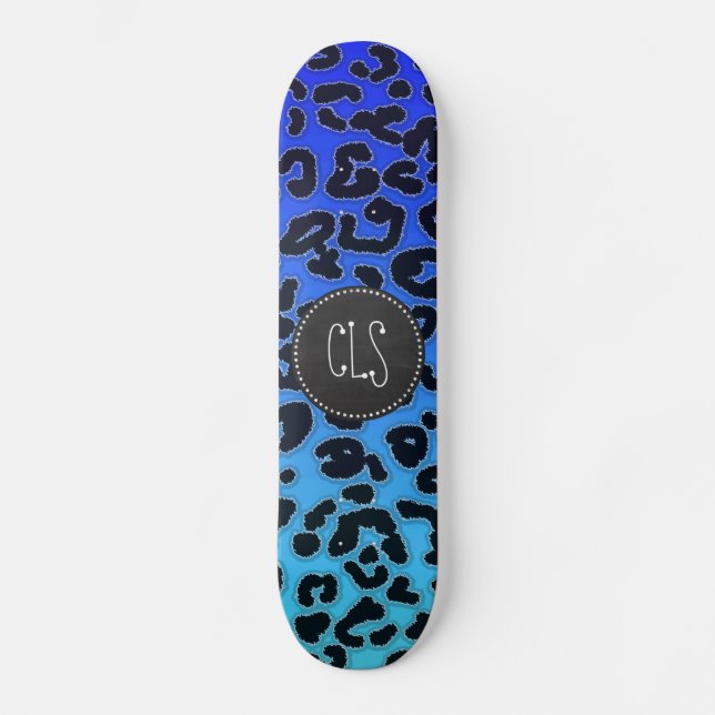 Electric Blue Leopard Print; Chalkboard look Skateboard Deck (Front)