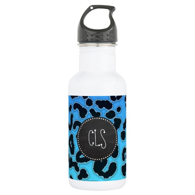 Electric Blue Leopard Print; Chalkboard look Water Bottle (Front)