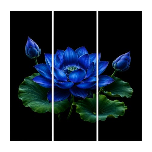 Electric Blue Lotus Triptych Wall Art Set