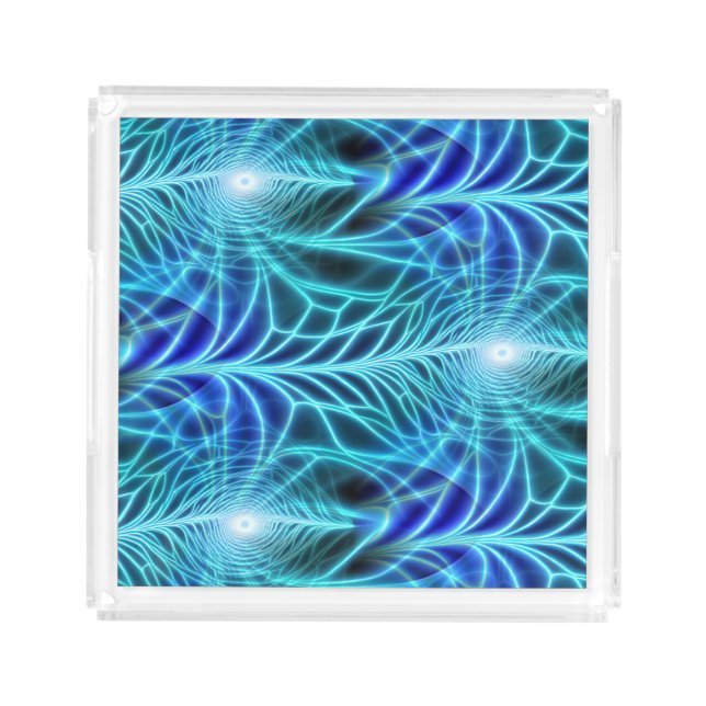 Electric Blue Luminous Fractal Repeating Pattern Acrylic Tray (Front)