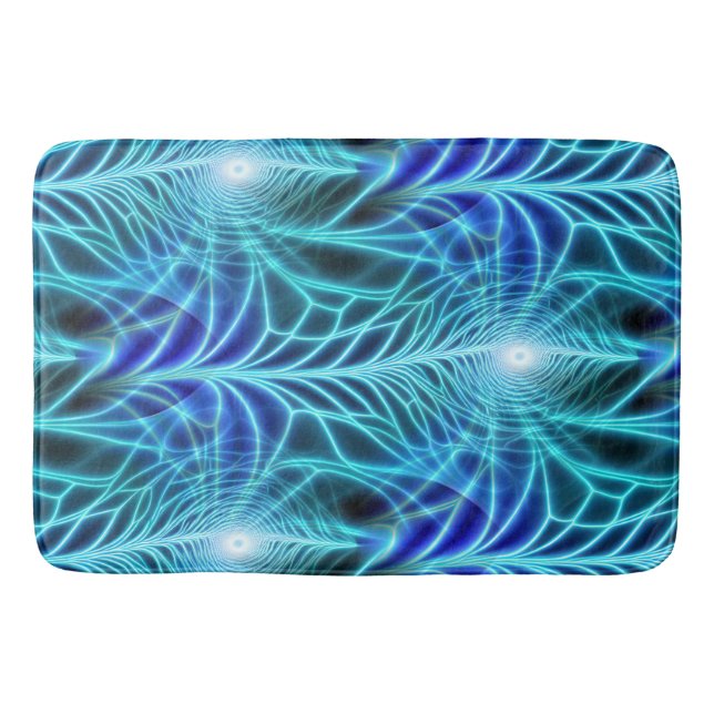 Electric Blue Luminous Fractal Repeating Pattern Bath Mat (Front)