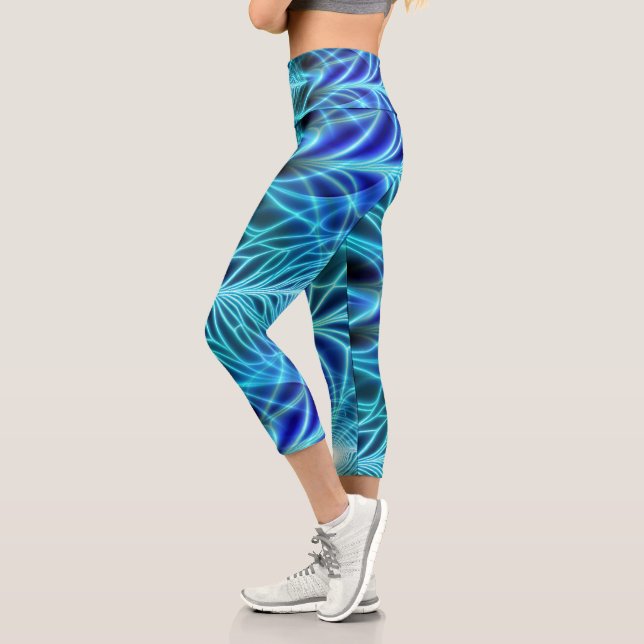 Electric Blue Luminous Fractal Repeating Pattern Capri Leggings (Left)
