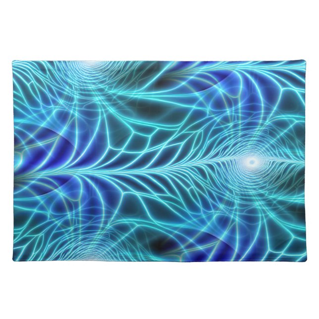 Electric Blue Luminous Fractal Repeating Pattern Cloth Placemat (Front)