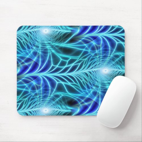 Electric Blue Luminous Fractal Repeating Pattern Mouse Pad