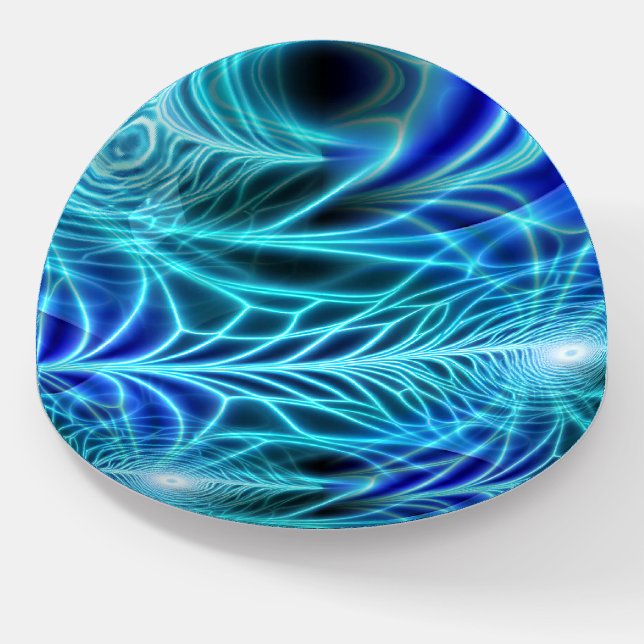 Electric Blue Luminous Fractal Repeating Pattern Paperweight (Angled)