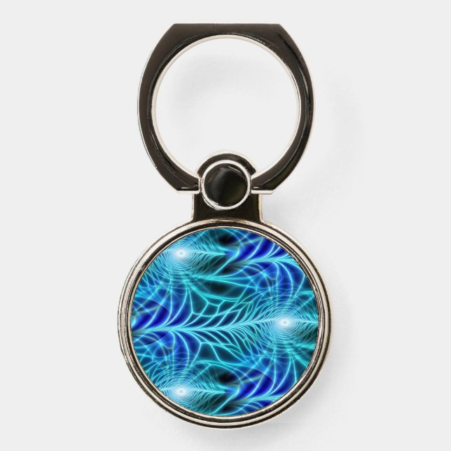 Electric Blue Luminous Fractal Repeating Pattern Phone Ring Stand (Front)