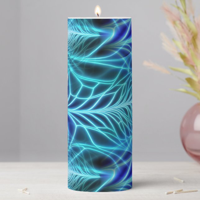 Electric Blue Luminous Fractal Repeating Pattern Pillar Candle (In Situ)