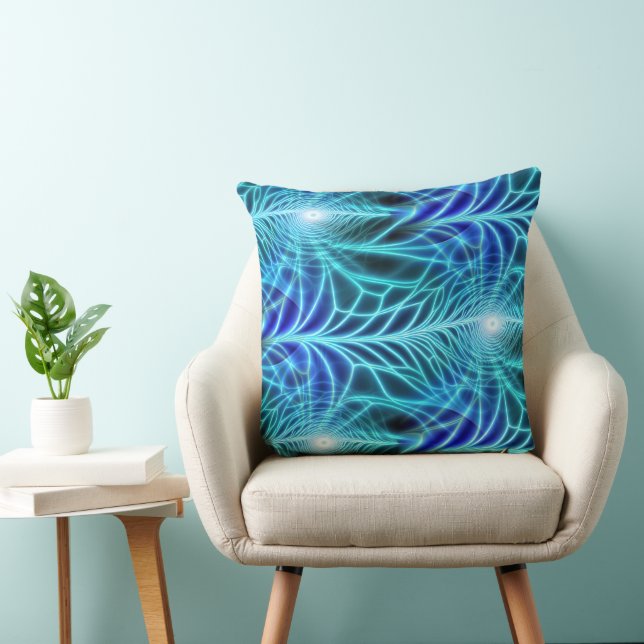 Electric Blue Luminous Fractal Repeating Pattern Throw Pillow (Chair)