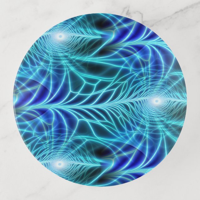 Electric Blue Luminous Fractal Repeating Pattern Trinket Tray (Front)