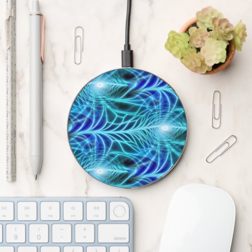 Electric Blue Luminous Fractal Repeating Pattern Wireless Charger