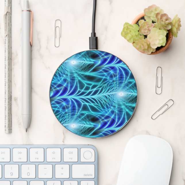 Electric Blue Luminous Fractal Repeating Pattern Wireless Charger (Desk)