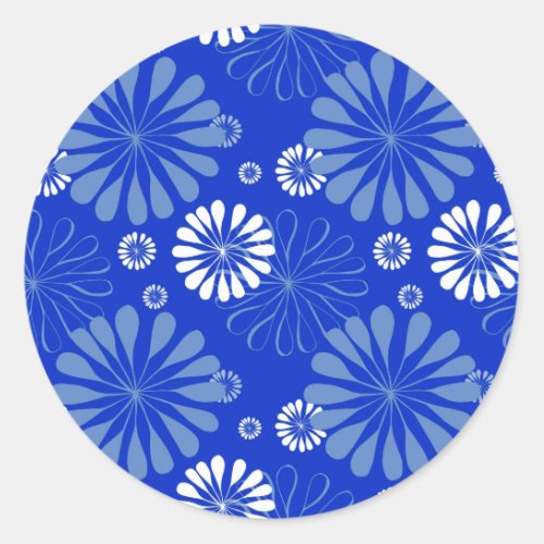 Electric Blue Modern Floral Print Classic Round Sticker