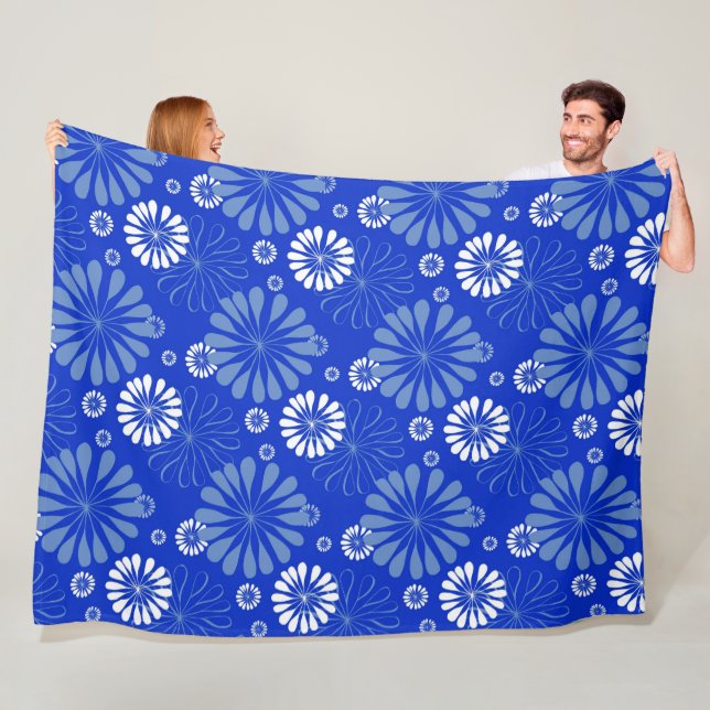 Electric Blue Modern Floral Print Fleece Blanket (In Situ)