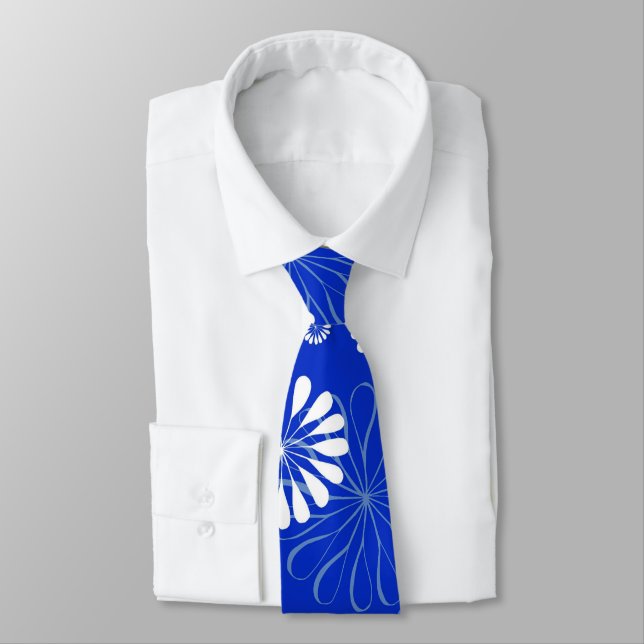 Electric Blue Modern Floral Print Neck Tie (Tied)
