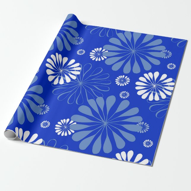 Electric Blue Modern Floral Print Wrapping Paper (Unrolled)