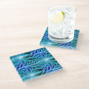 Electric Blue Neon Fractal Repeating Pattern Glass Coaster
