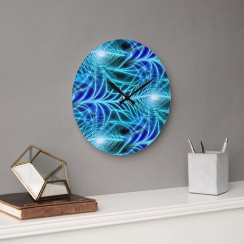 Electric Blue Neon Fractal Repeating Pattern Large Clock