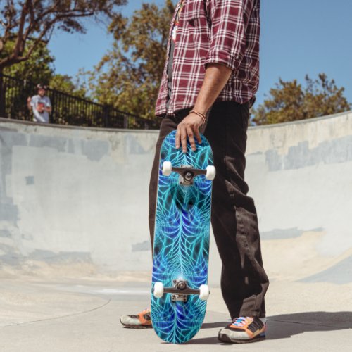 Electric Blue Neon Fractal Repeating Pattern Skateboard