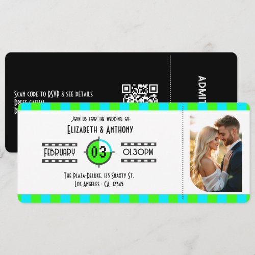 Electric Blue, Neon Green &amp; Black Cinema Ticket Invitation