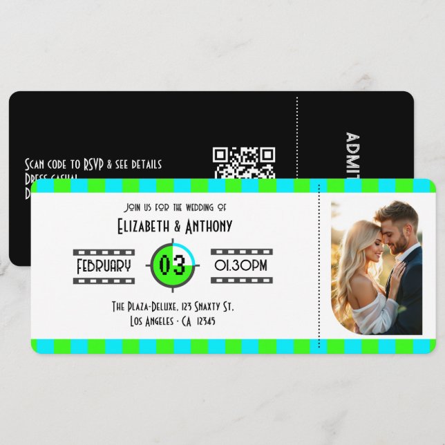 Electric Blue, Neon Green & Black Cinema Ticket Invitation (Front/Back)