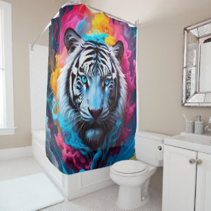 Electric Blue Neon Snow Tiger Portrait Shower Curtain