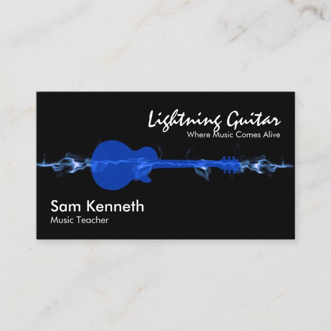 Electric Blue Wave Lightning Guitar Music Teacher Business Card (Front)