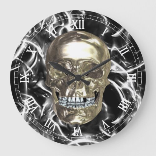 Electric Chrome Skull Round Roman Numerals Clock