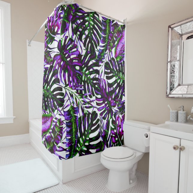 Electric Color Pop Tropical Palm Leaves Island  Shower Curtain (In Situ)