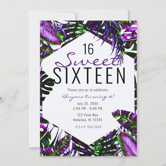 Electric Color Pop Tropical Palm Leaves Sweet 16  Invitation (Front)