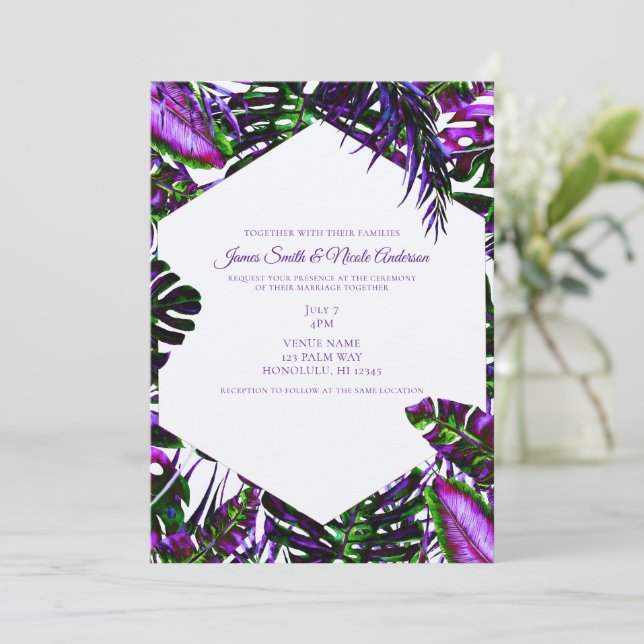 Electric Color Pop Tropical Palm Leaves Wedding Invitation (Standing Front)