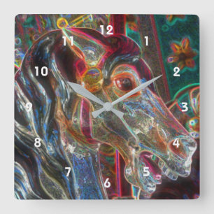 Electric Colors Fiery Steed Carousel Horse Art Square Wall Clock